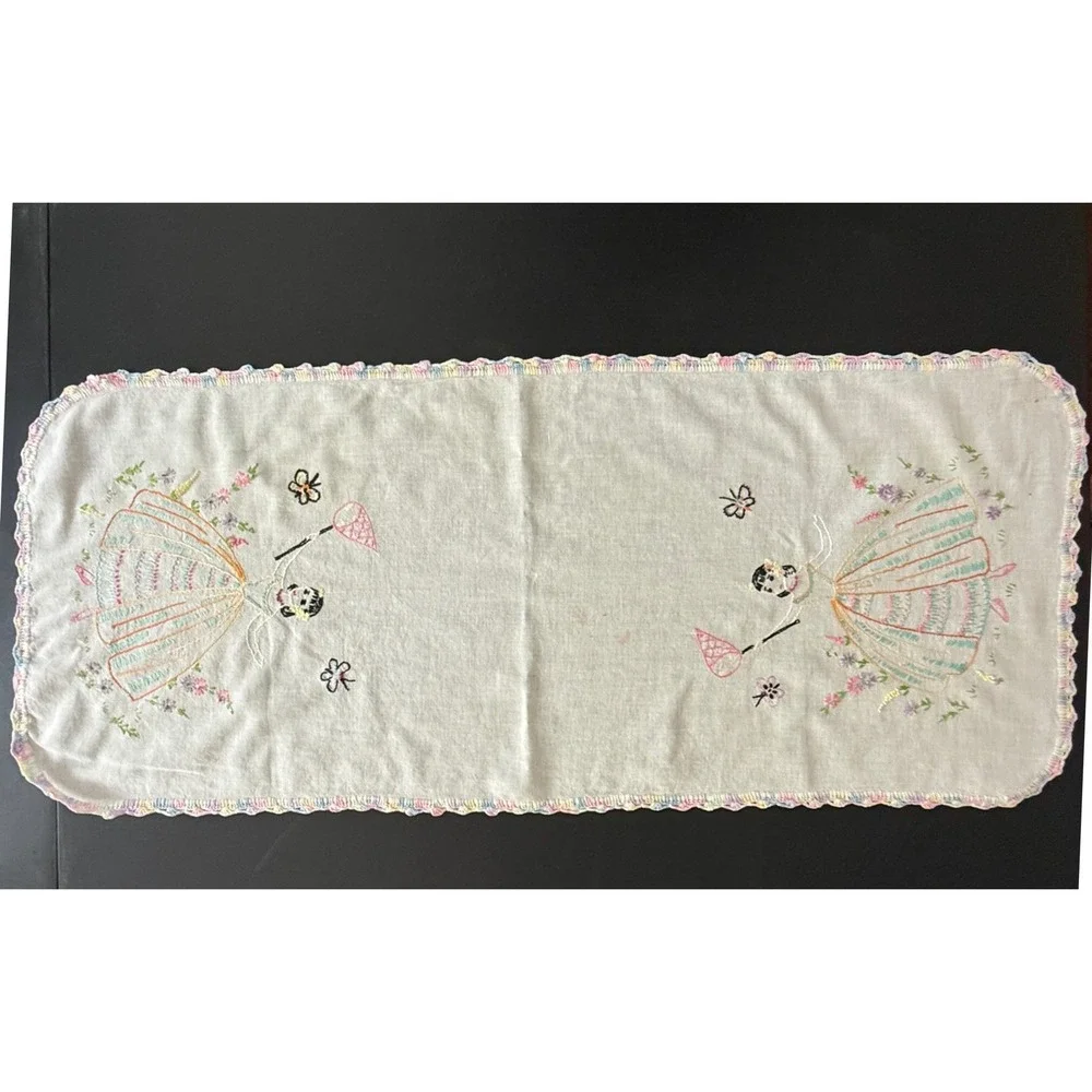 Vintage‎ Hand Embroidered Linen Table Runner Girl Butterfly Pastel Crochet Edge